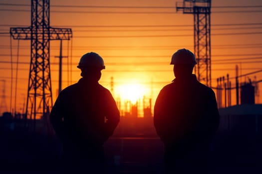 silhouette Two engineers wearing safety vests, hard hats stand in front of a high-voltage electrical substation. tall electricity pylons and power lines at twilight sky background. industrial work and teamwork..