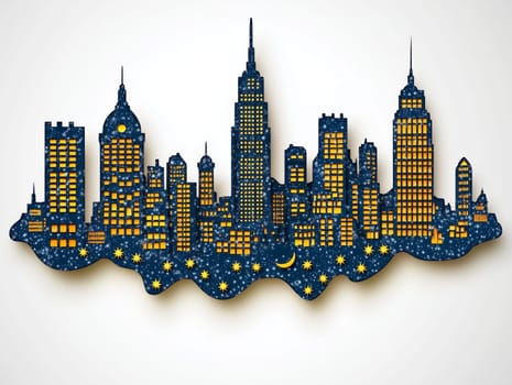 Artistic representation of a city skyline with yellow-lit windows against a white background, giving a stylized and decorative urban aesthetic.