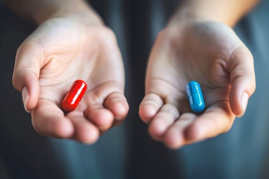 A woman holds two pills in opposite hands, one blue and the other red, symbolizing a choice between different paths. Concept of duality between the unknown and security..
