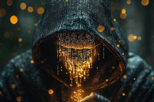 Digital shadow: hacker breaking binary code, incognito in hoodie, expertly navigating depths of cyberspace to expose vulnerabilities, reveal hidden truths within complex world of technology