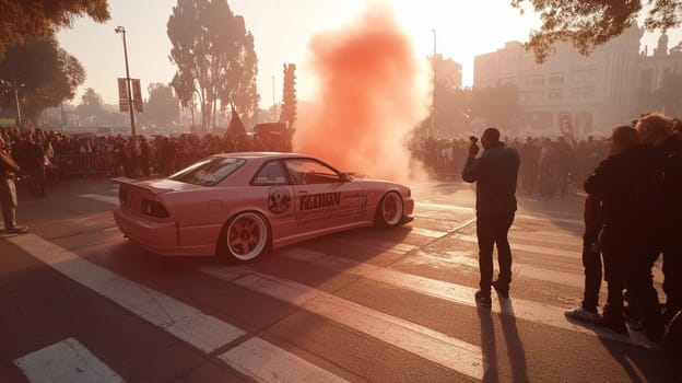 Thrilling pink sports car burning rubber on city street, creating red smoke on sunny day. Adrenaline, excitement, passion, skill, fans capturing moment