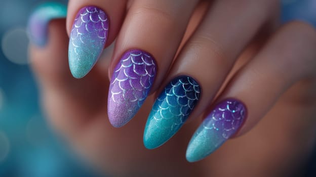 Close-up of a woman's hand showcasing a whimsical gradient manicure with vibrant colors transitioning from purple to blue, adorned with intricate mermaid scale patterns. the artistic design brings a magical and creative flair.