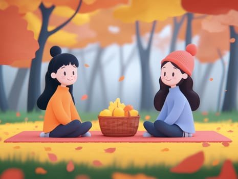 Adorable illustration of two friends sitting across from each other with a picnic basket on a blanket, surrounded by vibrant autumn foliage in a peaceful forest.