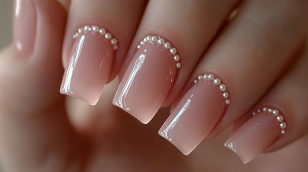Luxurious close-up of a woman's hand adorned with elegant pearl-accented nails. the soft pink manicure highlights intricate detailing, showcasing beauty and sophistication, ideal for fashion and style inspiration.