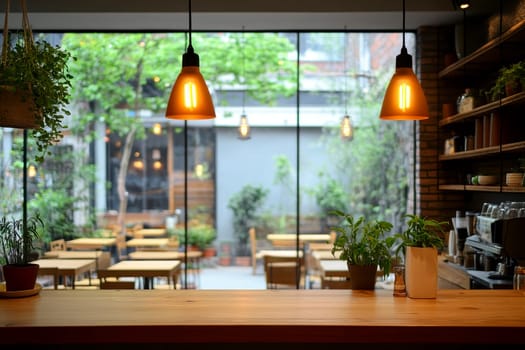 Wood table top on blurred of counter cafe shop with light bulb. ai generative.