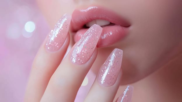 Focused on elegance and creativity, this image showcases a woman's hand with long, glittering pink nails, evoking a sense of modern beauty and fashion trends. the pastel background complements the whimsical and sleek design.