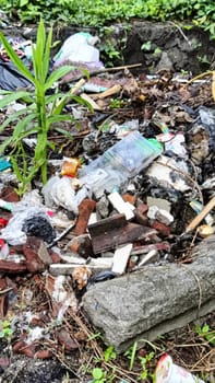 Image showcasing discarded waste, including plastics and paper, in a natural setting. Highlights the environmental impact and challenges of pollution. Emphasizes the need for proper waste management.