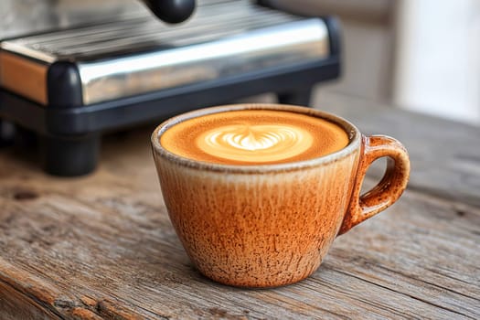 Close-up of a cup of morning espresso standing on a wooden table with a coffee machine in the background.