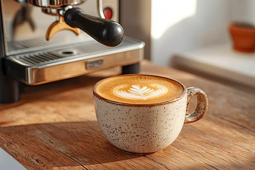 Close-up of a cup of morning espresso standing on a wooden table with a coffee machine in the background.