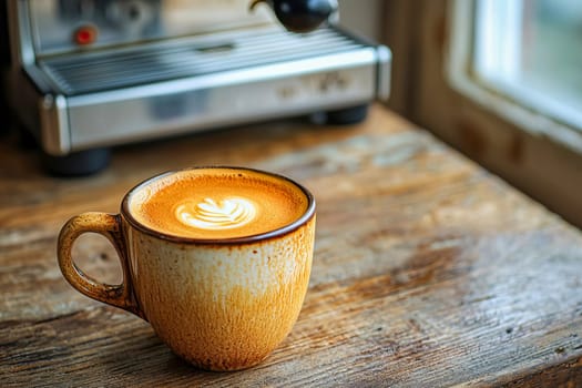 Close-up of a cup of morning espresso standing on a wooden table with a coffee machine in the background.