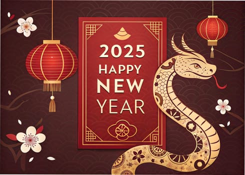 Chinese new year 2025 The year of the Snake. Lunar year of Snake illustration and design on red background. Snake, flowers and red lanterns. Happy New Year