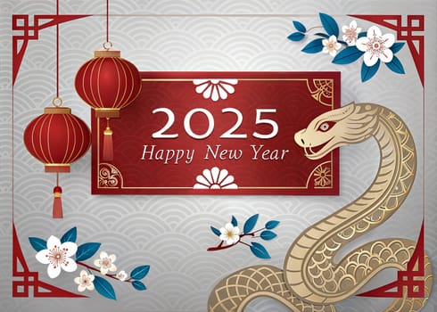 Chinese new year 2025 The year of the Snake. Lunar year of Snake illustration and design on silver background. Snake, flowers and red lanterns. Happy New Year