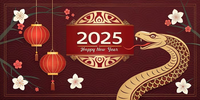 Chinese new year 2025 The year of the Snake. Lunar year of Snake illustration and design on red background. Snake, flowers and red lanterns. Happy New Year