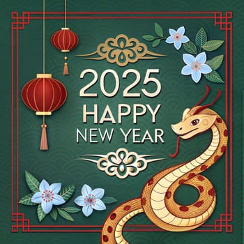 Chinese new year 2025 The year of the Snake. Lunar year of Snake illustration and design on green background. Snake, flowers and red lanterns. Happy New Year
