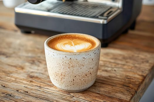 Close-up of a cup of morning espresso standing on a wooden table with a coffee machine in the background.