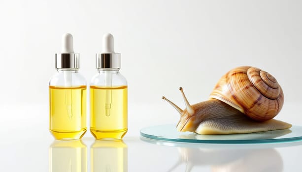 Two bottles with serum with snail mucin and one large snail on a mirror surface, white background. Organic natural cosmetics.