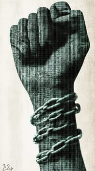Fist made of binary code is breaking free from chains, also made of binary code, symbolizing the fight for digital freedom and against internet censorship