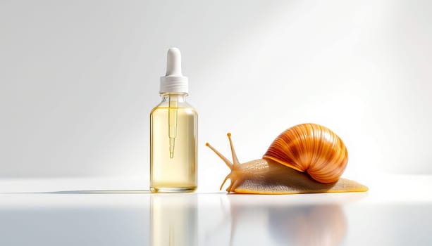 Two bottles with serum with snail mucin and one large snail on a mirror surface, white background. Organic natural cosmetics.