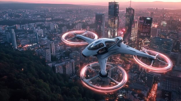 Futuristic passenger drone is flying over a modern city at sunset, offering a glimpse into the future of urban transportation