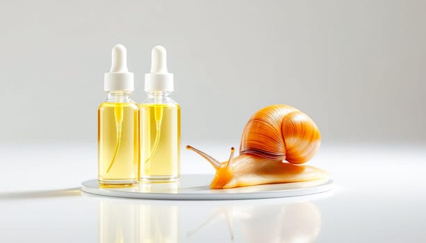 Two bottles with serum with snail mucin and one large snail on a mirror surface, white background. Organic natural cosmetics.