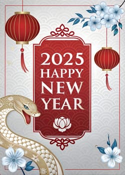 Chinese new year 2025 The year of the Snake. Lunar year of Snake illustration and design on silver background. Snake, flowers and red lanterns. Happy New Year