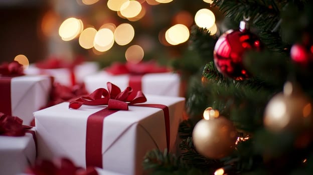 white gift boxes with red ribbon on Shiny blurred background with bokeh, baubles, decorated Christmas tree and spruce branches. Mockup pedestal on a table..