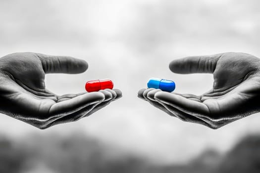 A woman holds two pills in opposite hands, one blue and the other red, symbolizing a choice between different paths. Concept of duality between the unknown and security..