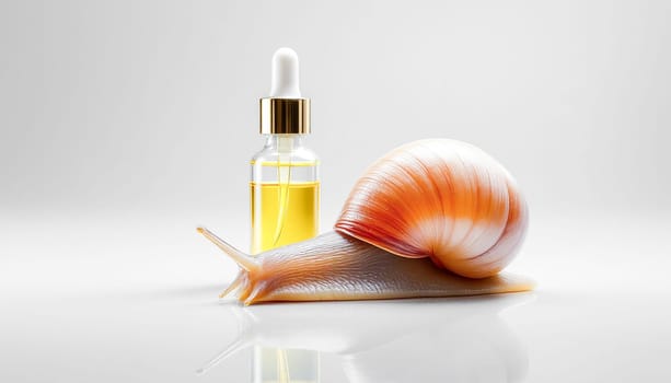Two bottles with serum with snail mucin and one large snail on a mirror surface, white background. Organic natural cosmetics.
