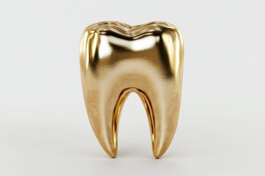 3D rendering of a golden tooth. The tooth is shiny and reflective, and it is set against a white background..
