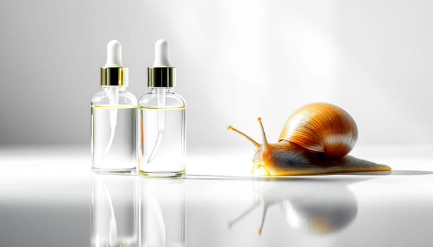 Two bottles with serum with snail mucin and one large snail on a mirror surface, white background. Organic natural cosmetics.