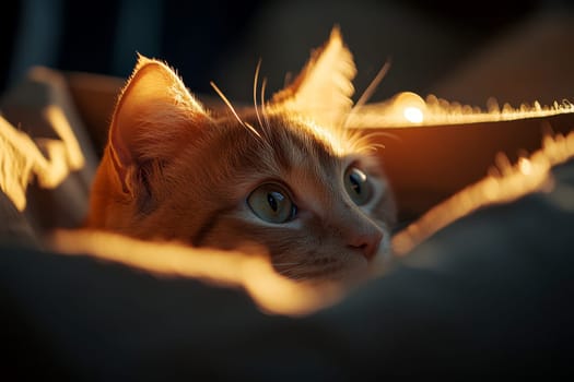 A cat peeking out of a cardboard box with a surprised expression and warm golden lighting, with a shallow depth of field..