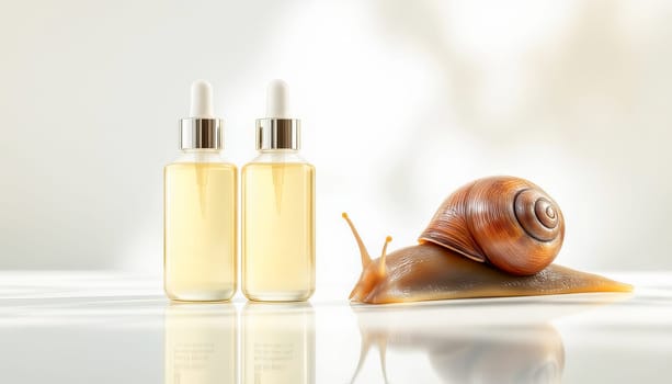 Two bottles with serum with snail mucin and one large snail on a mirror surface, white background. Organic natural cosmetics.