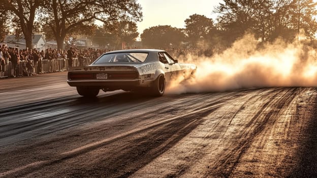 Powerful sports cars race through city streets at sunset, leaving a trail of smoke, thrilling spectators with high speed action