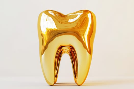 3D rendering of a golden tooth. The tooth is shiny and reflective, and it is set against a white background..
