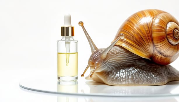 Two bottles with serum with snail mucin and one large snail on a mirror surface, white background. Organic natural cosmetics.