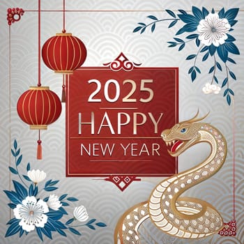 Chinese new year 2025 The year of the Snake. Lunar year of Snake illustration and design on silver background. Snake, flowers and red lanterns. Happy New Year