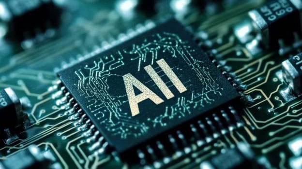 Close up of an ai microchip on a circuit board symbolizing artificial intelligence and technology advancement