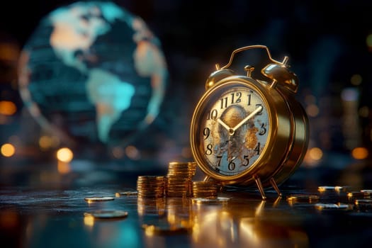 A clock beside stacks of coins symbolizes the value of time in relation to money and investment growth..