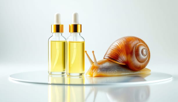 Two bottles with serum with snail mucin and one large snail on a mirror surface, white background. Organic natural cosmetics.