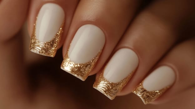 Close-up view of a woman's manicured hand with intricate gold embossed patterns on nude nails. the elegant design highlights sophistication and creative nail art ideal for fashion and beauty portfolios.