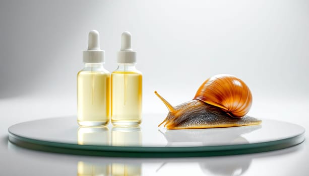 Two bottles with serum with snail mucin and one large snail on a mirror surface, white background. Organic natural cosmetics.