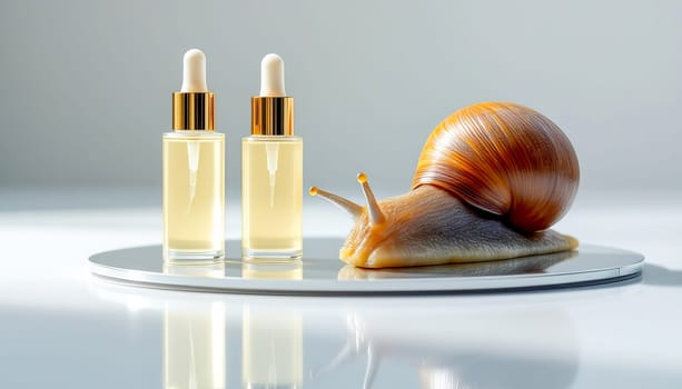 Two bottles with serum with snail mucin and one large snail on a mirror surface, white background. Organic natural cosmetics.