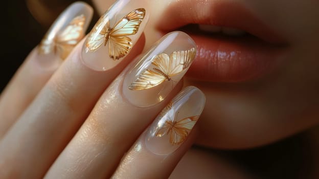 Close-up image of a woman's hand whimsical nail art. transparent nails are adorned with delicate golden butterfly designs, showcasing creativity and elegance in nail artistry.