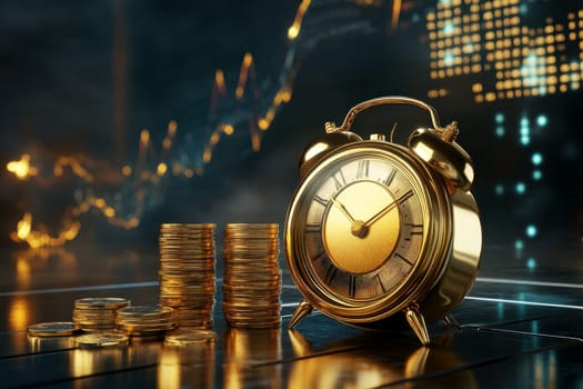 A golden alarm clock beside coins stacking symbolizes the value of time and money, emphasizing the importance of financial management, 3d render globe on futuristic background --ar 3:2 --v 6.1 Job ID: 679b93bc-873b-4cfb-8b7d-513dae7cc96a