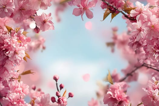 spring border or background art with pink blossom beautiful nature scene with blooming tree and sun flare.