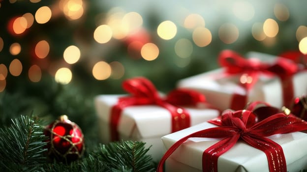 white gift boxes with red ribbon on Shiny blurred background with bokeh, baubles, decorated Christmas tree and spruce branches. Mockup pedestal on a table..
