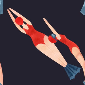 An athlete, a woman in a red swimsuit and a red cap is swimming. Seamless watercolor pattern, hand drawn. Black background