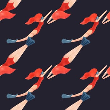 Seamless pattern with floating women in vintage style. Swimming. Watercolor illustration on black background.