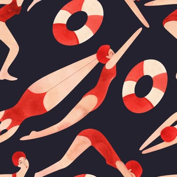 An athlete, a woman in a red swimsuit and a red cap is swimming. Seamless watercolor pattern, hand drawn. Black background.