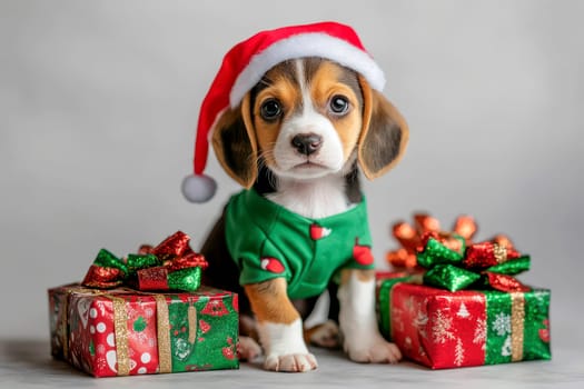 Beagle puppy posing with Christmas presents in elf costume.